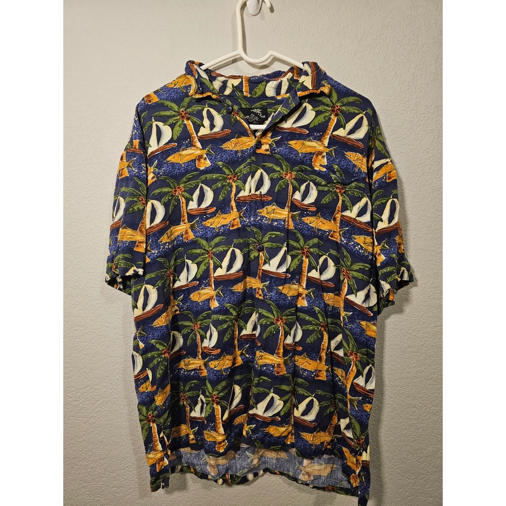 Newport Blue Mens Large Tropical Palm Tree Sailboat Fish Rayon Aloha Camp Shirt